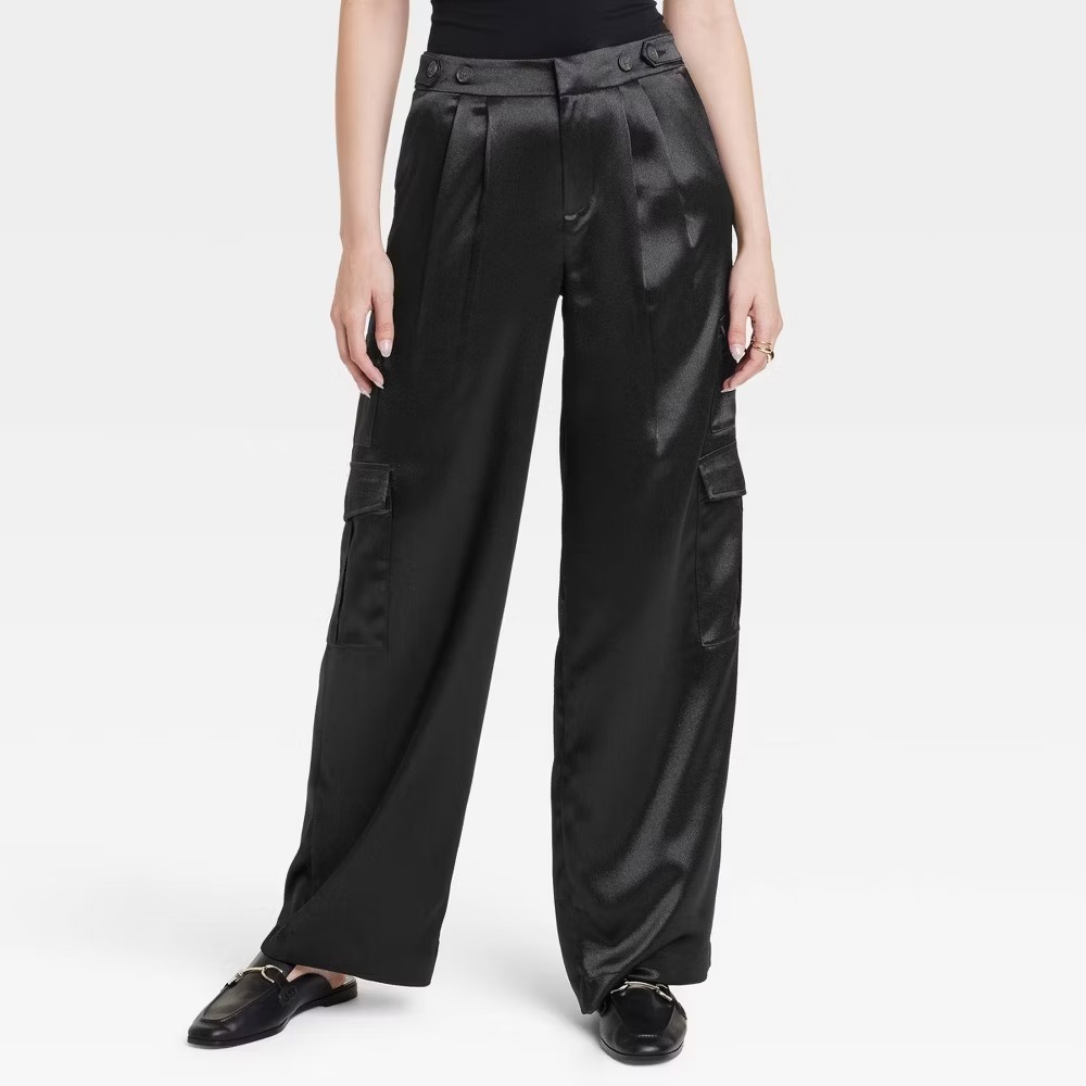 Women's High-Rise Satin Cargo Pants A New Day Black‎ 8 New With Tags